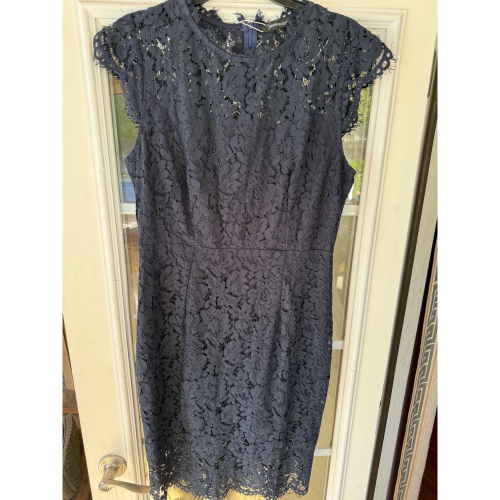Lace navy cocktail wedding guest dress cap sleeves, illusion neckline, lg